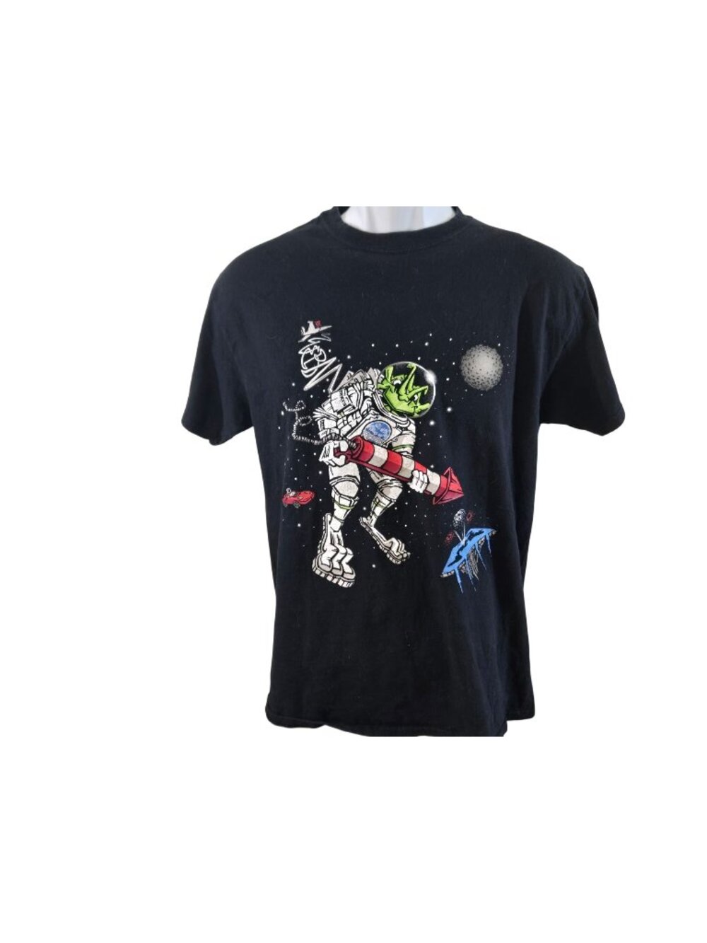 WSWEPN "Firstworks" Black Graphic Tee Alien Astronaut Design Mens T-Shirt Size L